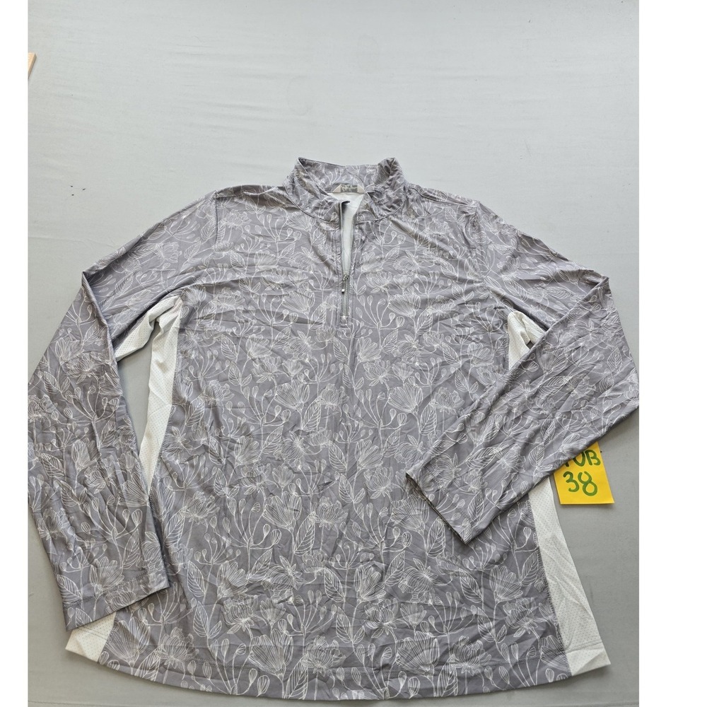 LL Bean Womens Large Grey Floral Quarter Zip Pullover Active Mesh Panel Shirt